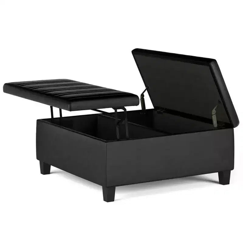 WyndenHall Tyler Mesa de centro otomana de almacenamiento de piel sintética desgastada, con tapa elevable, marco de madera de caucho