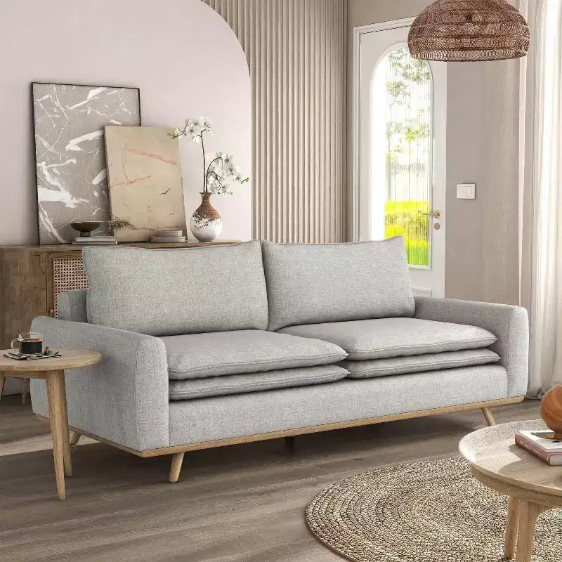 HOGARES: Interior + Exterior Sofá Gubera de 82" estilo Mid-Century con Tapicería de Mezcla de Algodón y Lino y Cojines de Mezcla de Plumas
